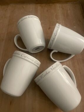 Joie White Ceramic Coffee Mugs with Gray Script - Set of 4